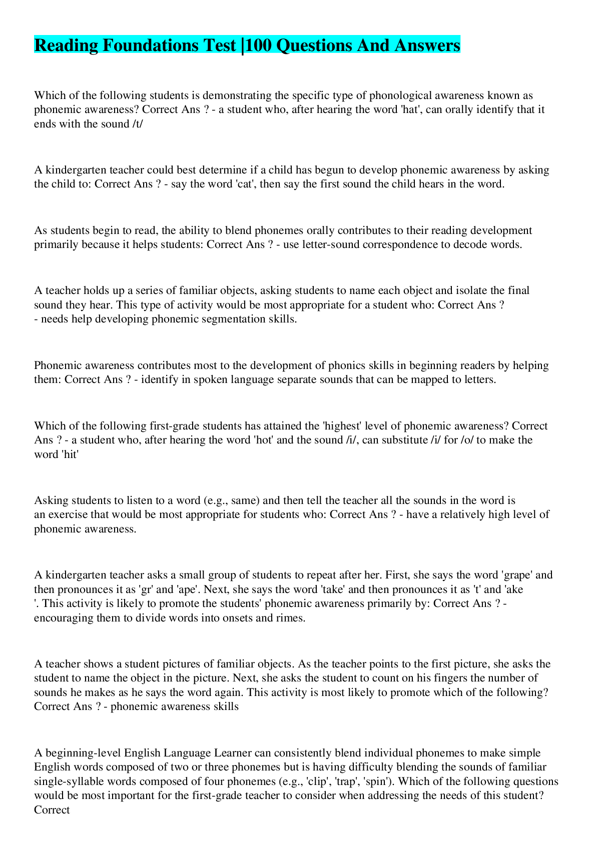 Preview image of Reading Foundations Test |100 Questions And Answers document